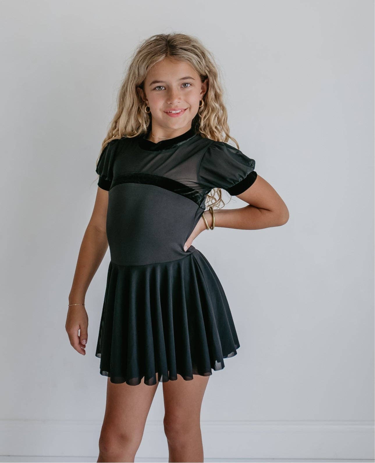 Kids Black Velvet Sheer Skirted Ballet Dance Skating Leotard