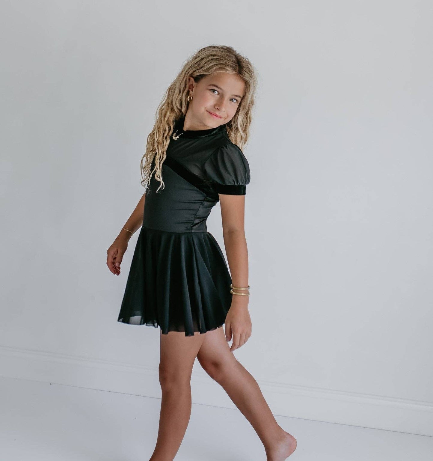 Kids Black Velvet Sheer Skirted Ballet Dance Skating Leotard