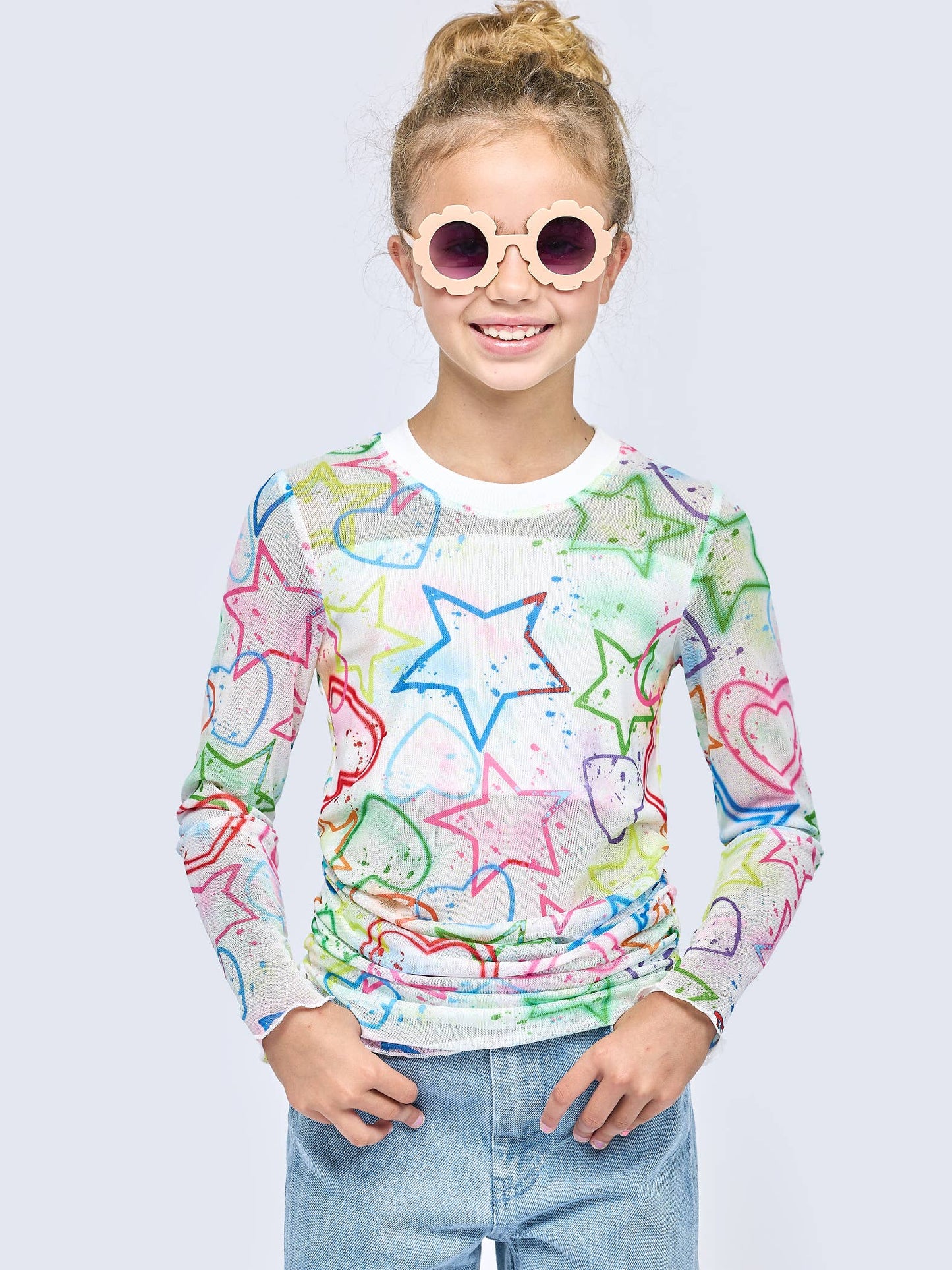 LONG SLEEVE PRINTED MESH TOP
