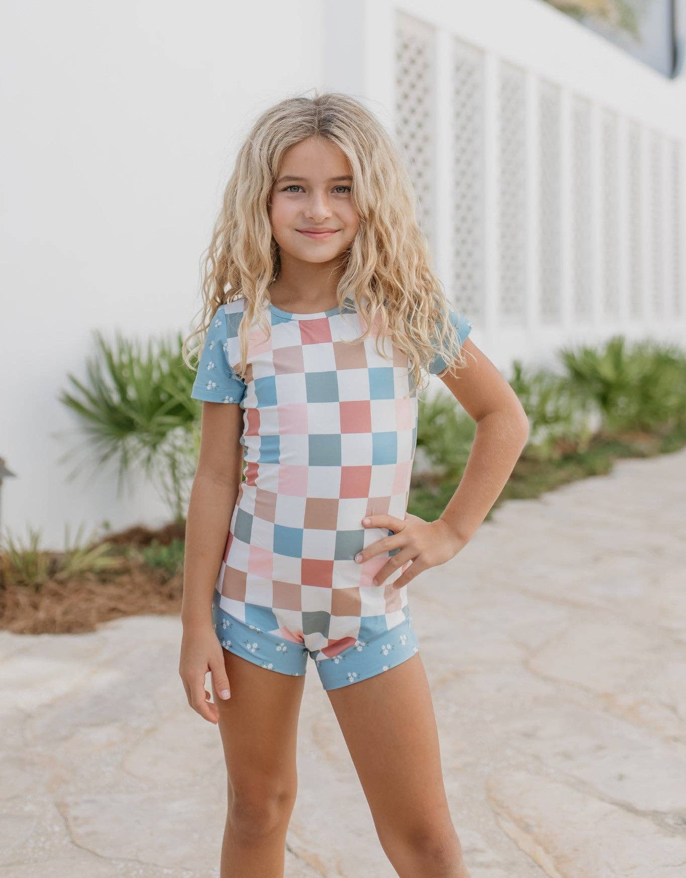 Kids Dusty Blue & Pink Checkered Dance Gymnastics Leotard
