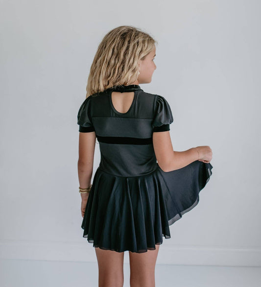 Kids Black Velvet Sheer Skirted Ballet Dance Skating Leotard
