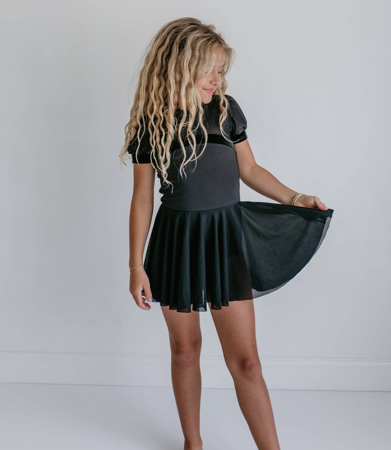 Kids Black Velvet Sheer Skirted Ballet Dance Skating Leotard