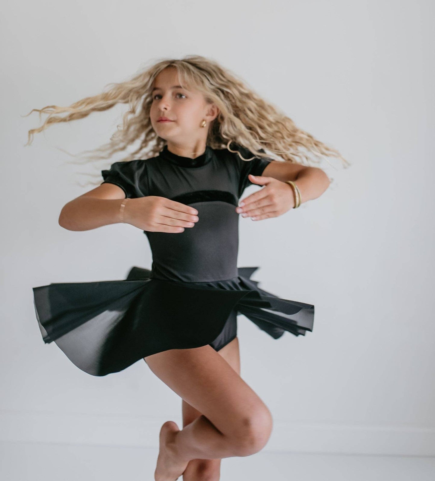 Kids Black Velvet Sheer Skirted Ballet Dance Skating Leotard