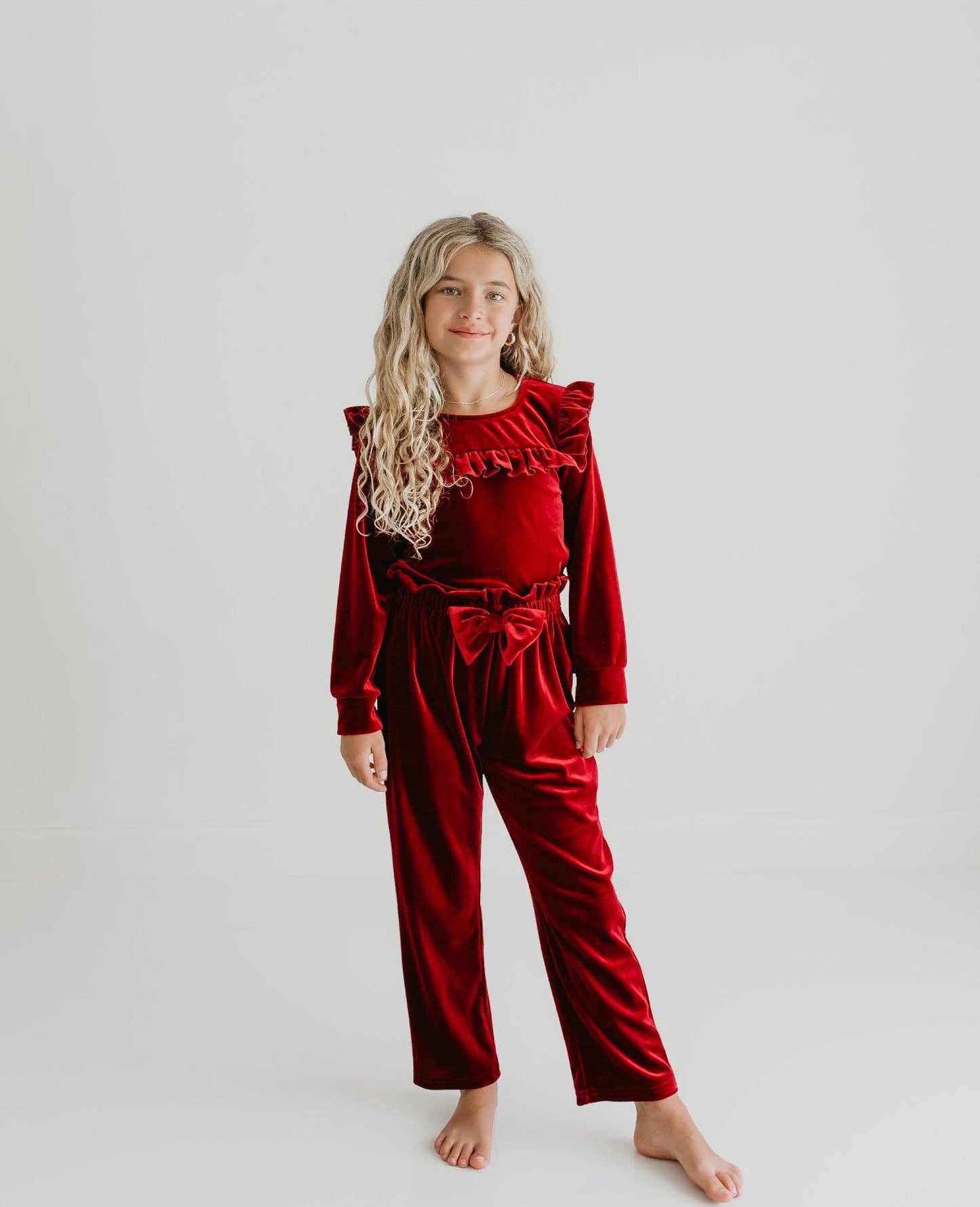 Girls Red Burgundy Velvet Pant Set