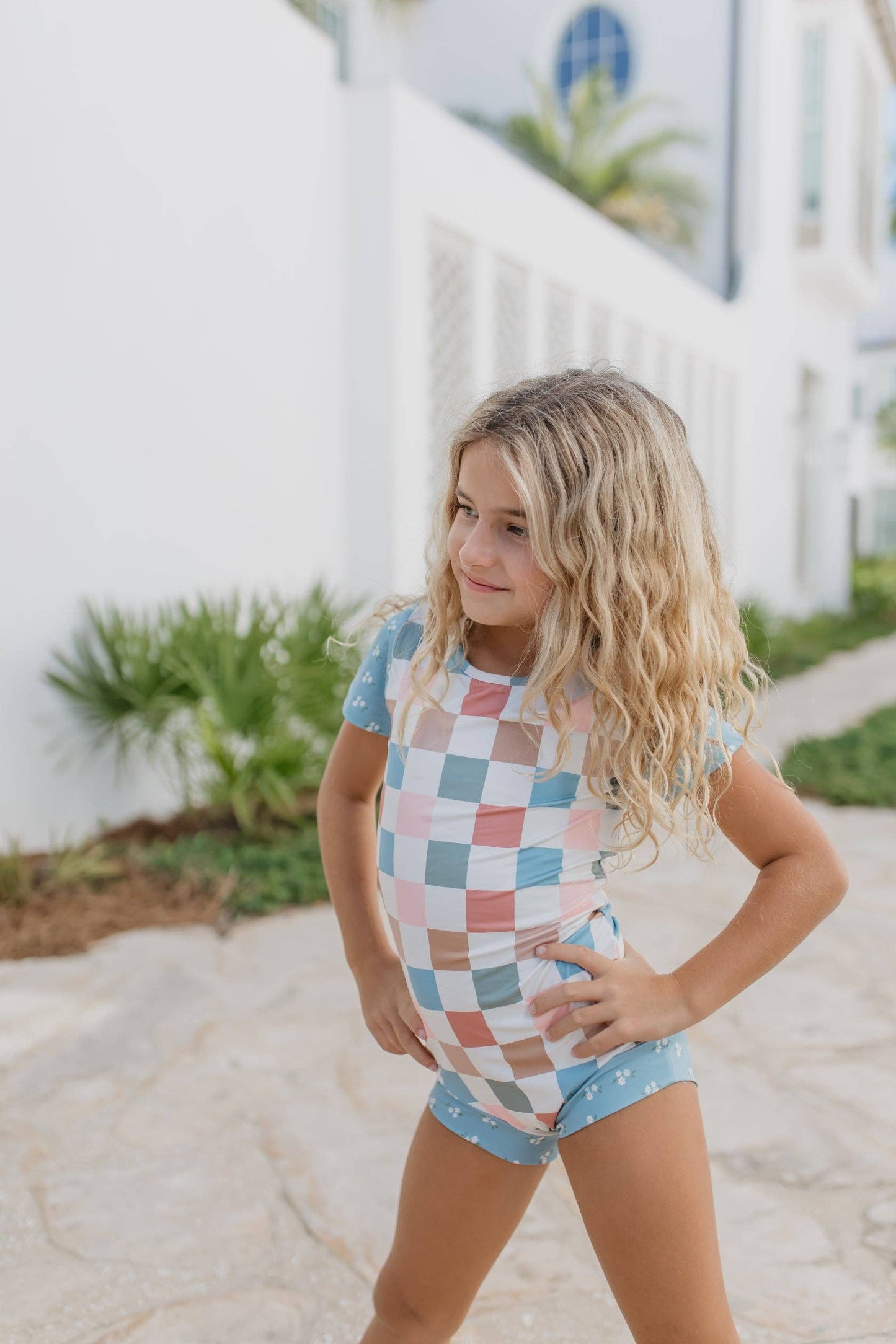 Kids Dusty Blue & Pink Checkered Dance Gymnastics Leotard